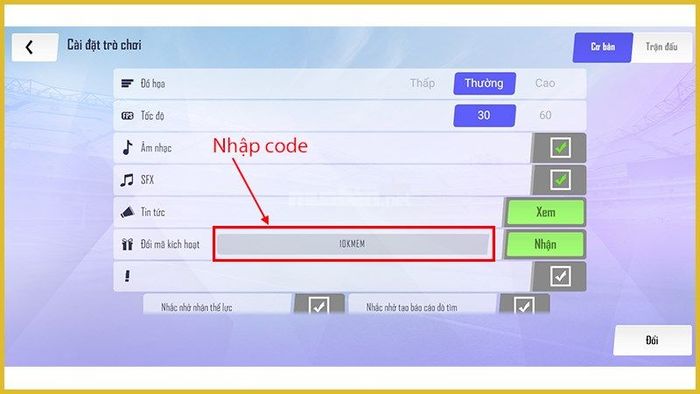 Nhập mã code tại đây