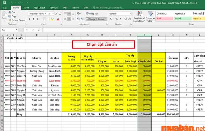 Lựa chọn cột bạn muốn giấu