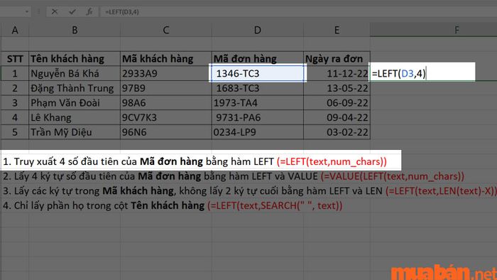 Hình ảnh minh họa cho công thức “=LEFT(text, [num_chars])”