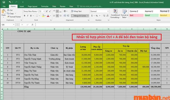 Sử dụng Ctrl + A để chọn toàn bộ bảng tính