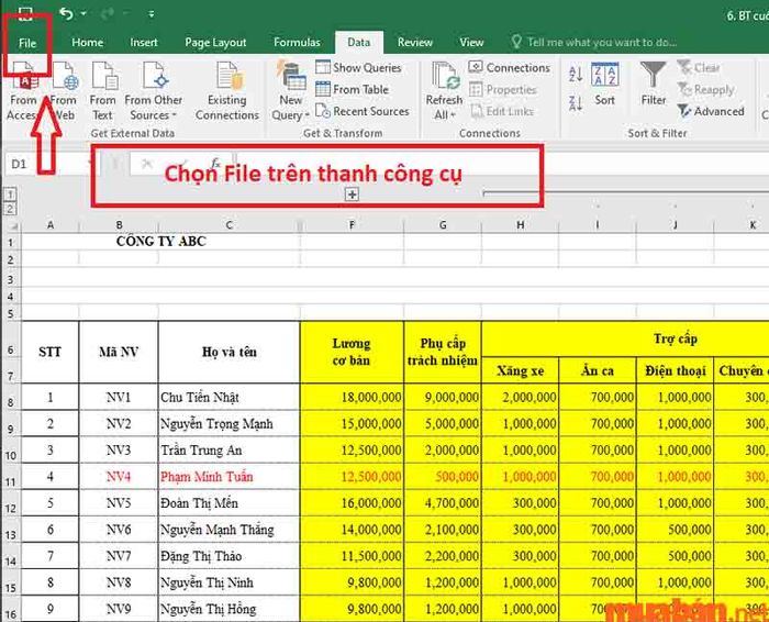 Nhấn vào mục Tệp trên thanh công cụ
