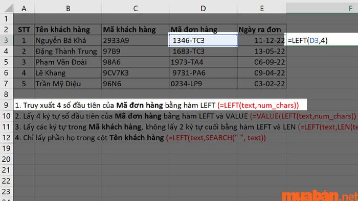 Số 4 trong công thức có nghĩa là lấy 4 ký tự tính từ trái sang phải