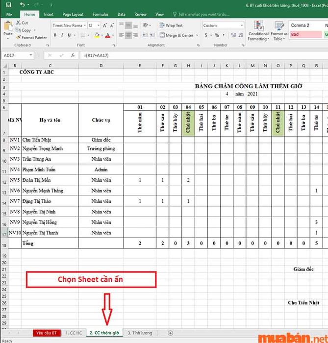 Lựa chọn bất kỳ Sheet nào bạn muốn ẩn