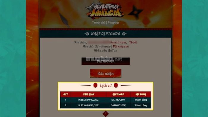 Danh sách các mã đã nhập trên trang web Huyền Thoại Nhẫn Giả