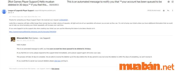 E-mail xác nhận việc xóa tài khoản sẽ được gửi đến bạn