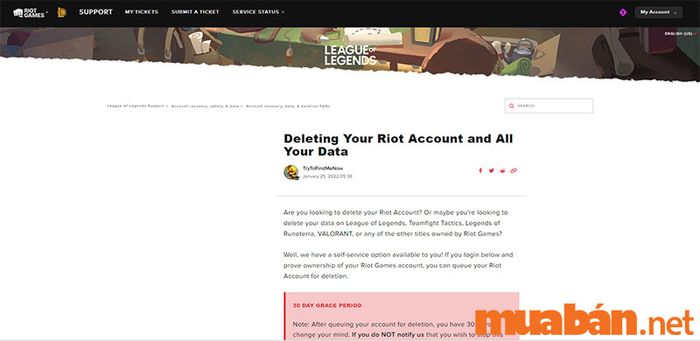Tại mục “Deleting Your Riot Account and All Your Data”, bạn kéo chuột xuống phía dưới