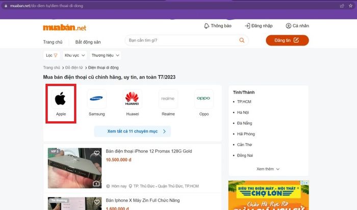 Chọn thương hiệu điện thoại bạn muốn tìm kiếm