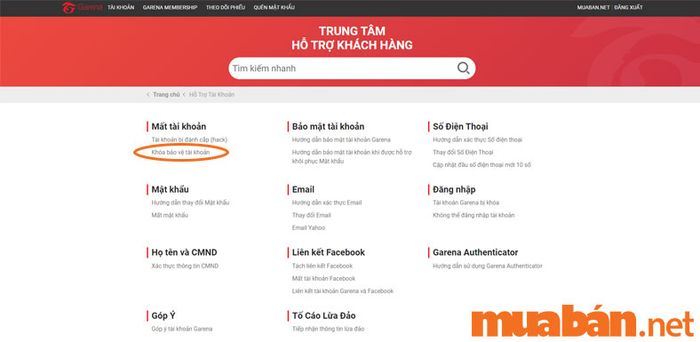 Chọn “Khóa bảo vệ tài khoản” để thực hiện xóa vĩnh viễn tài khoản Garena
