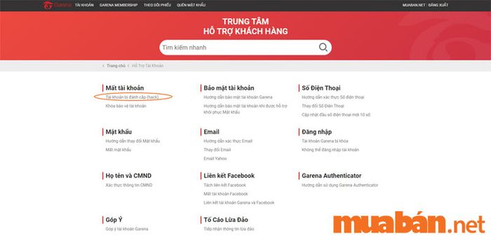 Lựa chọn “Tài khoản bị đánh cắp (hack)” để tiến hành xóa tạm thời tài khoản LOL