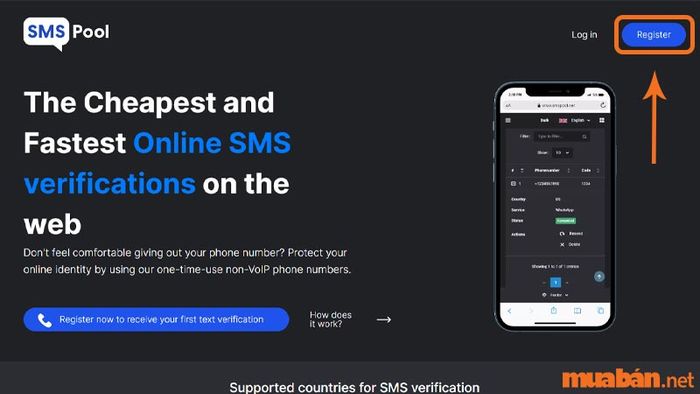 Chọn “Register” để tạo tài khoản trên SMSPool