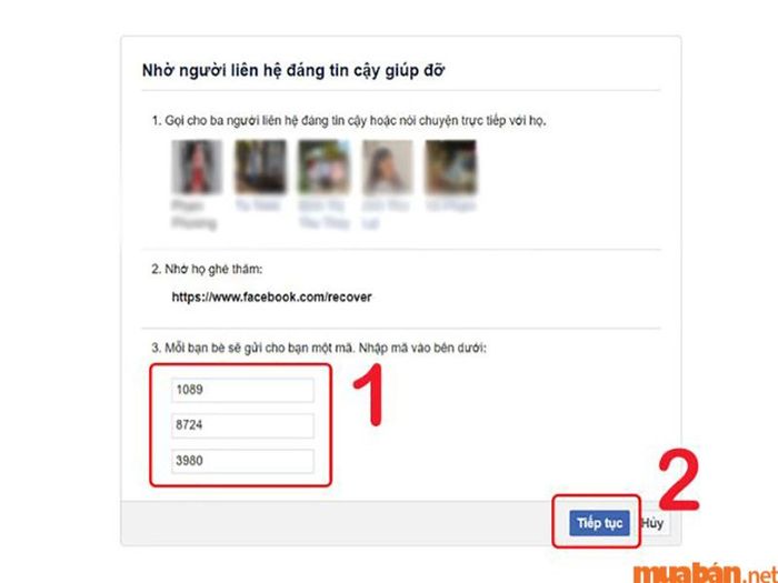 nhập mã mà Facebook gửi về