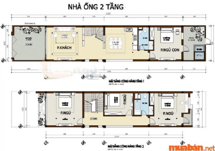Bản thiết kế mẫu nhà ống 2 tầng mái thái với 4 phòng ngủ