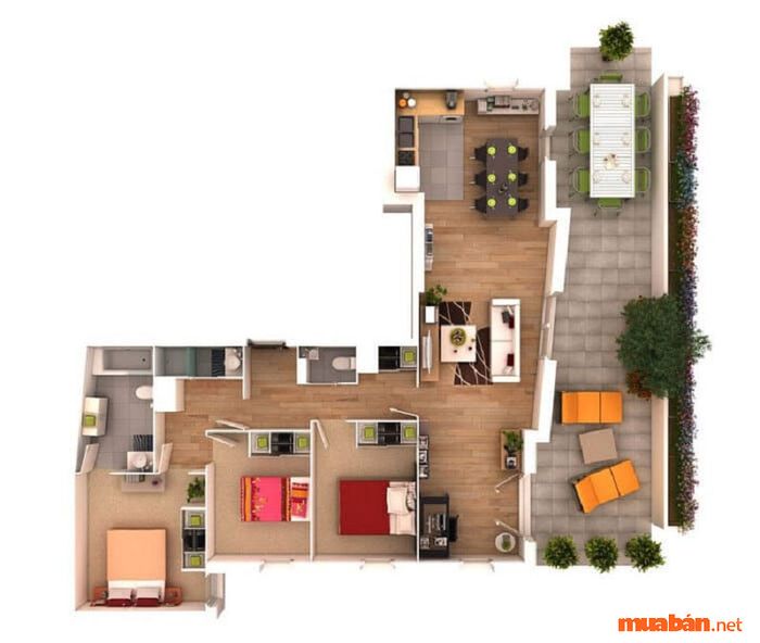 Mẫu nhà chữ L 100m2 tiện nghi đầy đủ