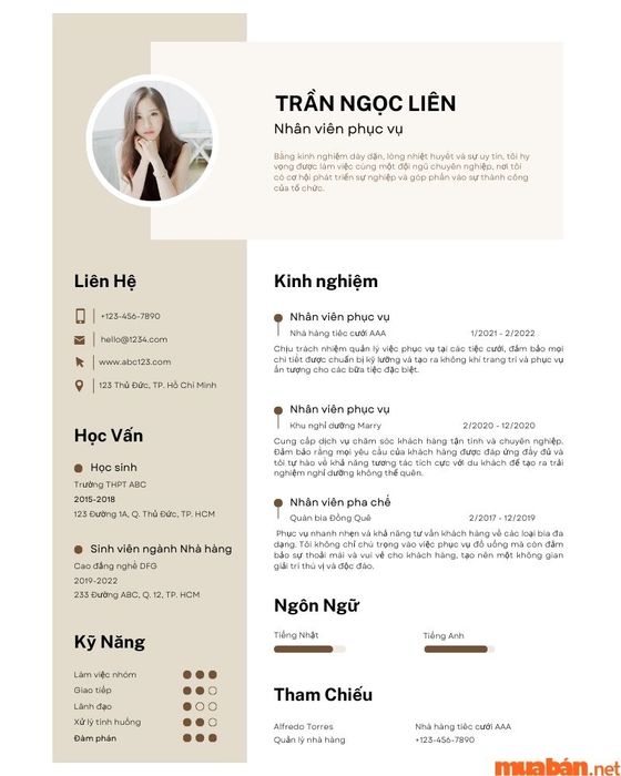Mẫu CV xin việc phục vụ với thiết kế đơn giản thứ ba