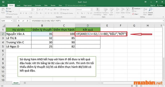 Nhập công thức hàm AND kết hợp với hàm IF