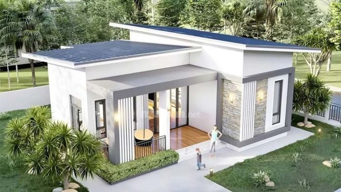 Minh họa mẫu nhà cấp 4 mái lệch với 2 phòng ngủ