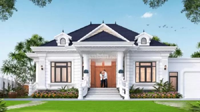 Nhà cấp 4 mái Nhật có sân cỏ phía trước