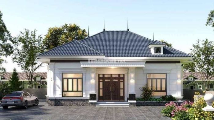 Mái nhà có tông màu tối kết hợp hoàn hảo với lớp sơn trắng, tạo điểm nhấn ấn tượng.