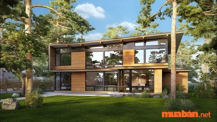Một mẫu nhà lắp ghép 2 tầng đẹp với không gian xanh bao quanh.