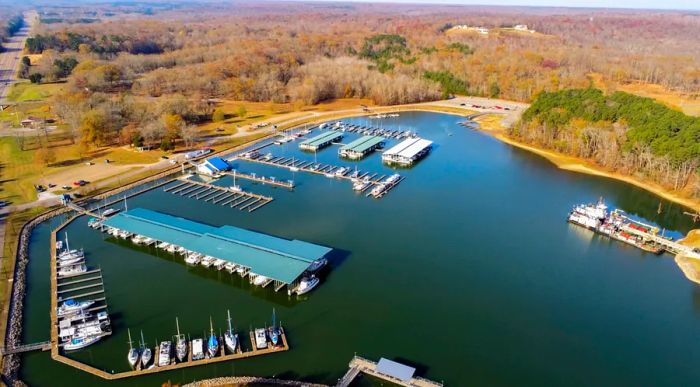 An aerial view captures a marina filled with small boats at their docks.