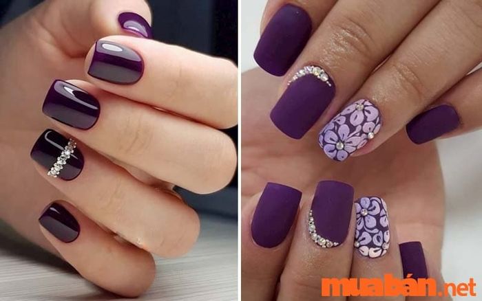 Mẫu nail sơn thạch màu tím kết hợp vẽ tay và đính đá trang trí