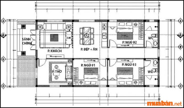 Mẫu nhà cấp 4 120m2 với 3 phòng ngủ và 1 phòng thờ
