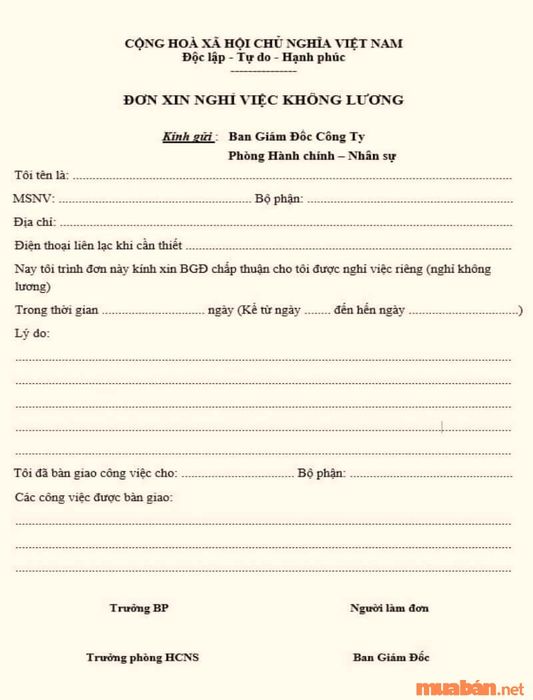 Mẫu đơn xin nghỉ không lương cơ bản.