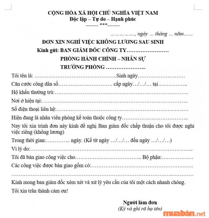 Mẫu đơn xin nghỉ không lương theo chế độ thai sản.