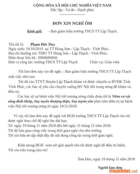 Đơn xin nghỉ không lương do ốm kéo dài (tham khảo)
