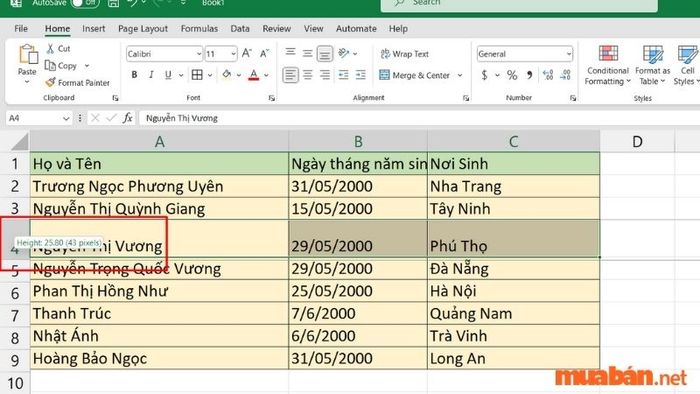 Kết quả sau khi điều chỉnh ô