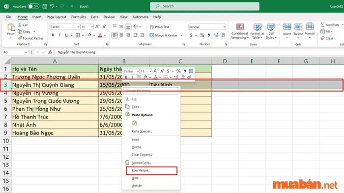 Mở tệp Excel mà bạn cần chỉnh sửa, chọn dòng.