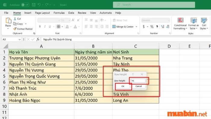 Nhập chiều cao giãn dòng và nhấn OK.