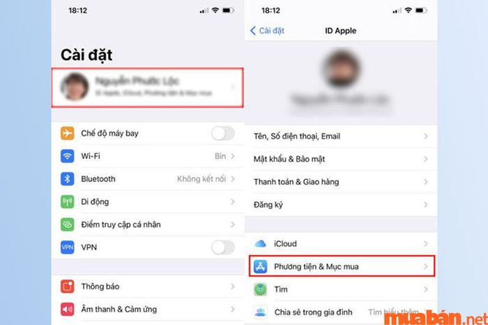 Nhấn vào Apple ID để chọn Phương tiện và mục mua