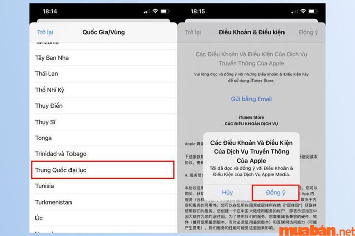 Tìm Trung Quốc đại lục (hoặc China Mainland) và chọn Đồng ý để xác nhận