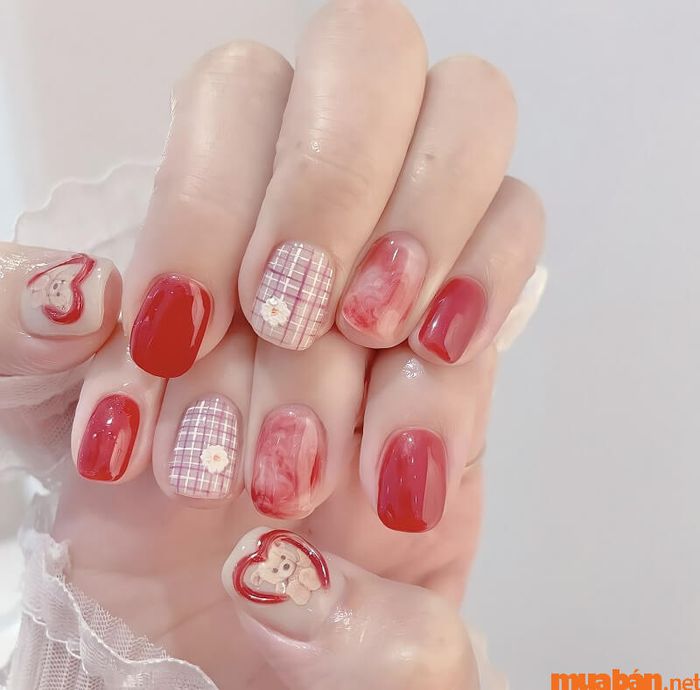 Mẫu nail hồng thạch kẻ phối cam đậm