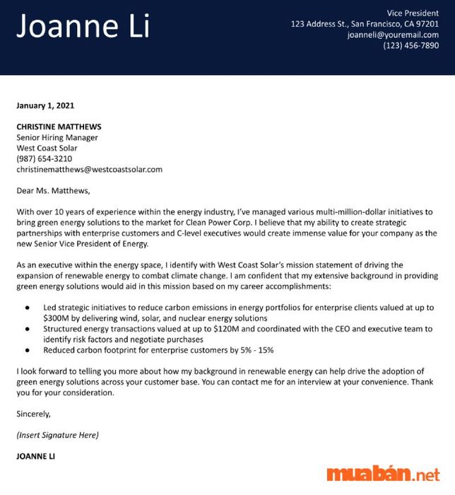 Mẫu Cover Letter bằng tiếng Anh