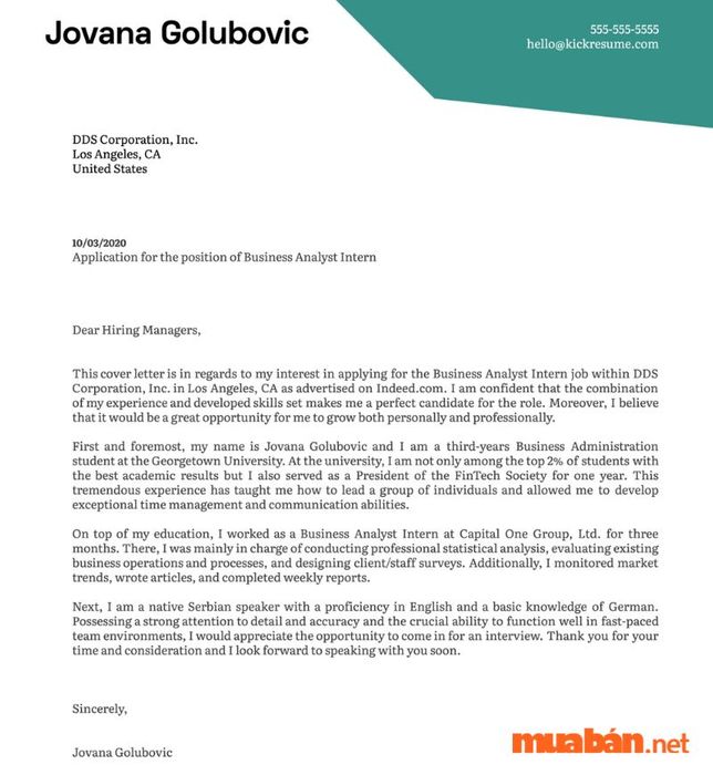 Mẫu Cover Letter bằng tiếng Anh