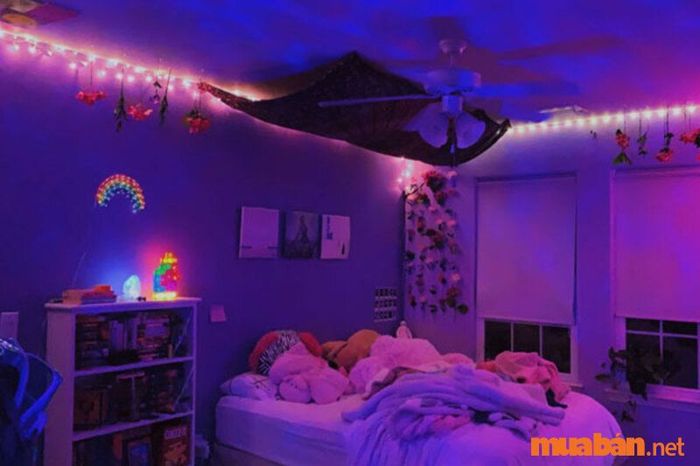 Trang trí phòng ngủ chill cho nữ bằng dải đèn led