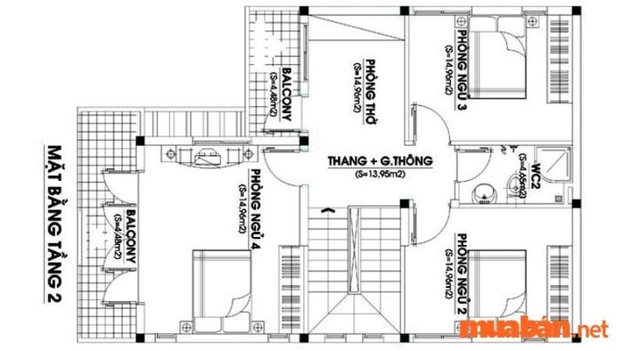Bản vẽ mặt bằng công năng cho mẫu nhà chữ L 2 tầng mái Thái số 2