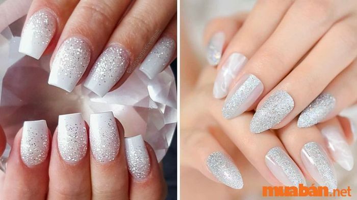 Mẫu nail trắng kim tuyến lấp lánh, tinh tế