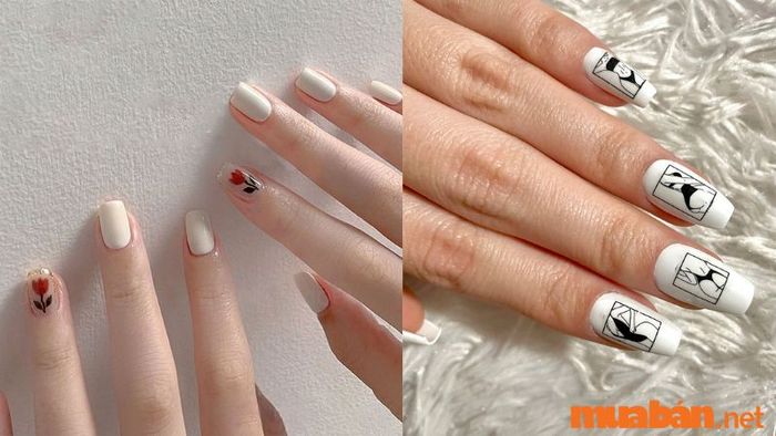 Nail màu trắng kết hợp họa tiết nổi bật
