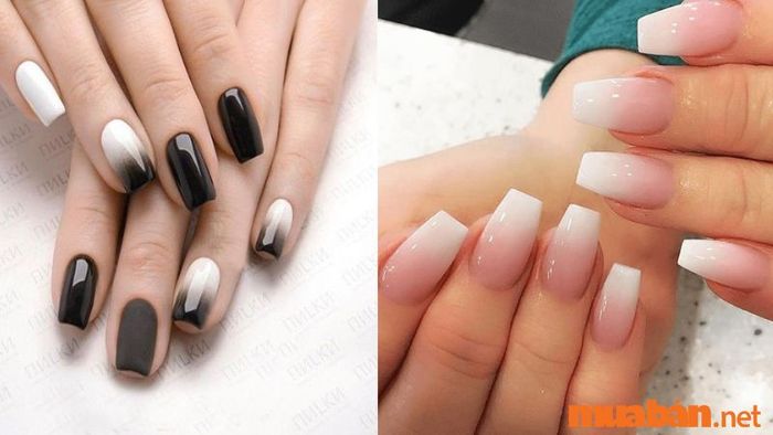 Nail ombre với sự kết hợp giữa trắng đen, trắng hồng