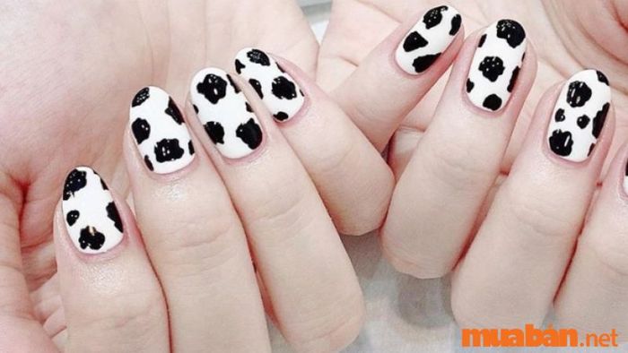 Mẫu nail trắng họa tiết bò sữa cho cô nàng nhí nhảnh