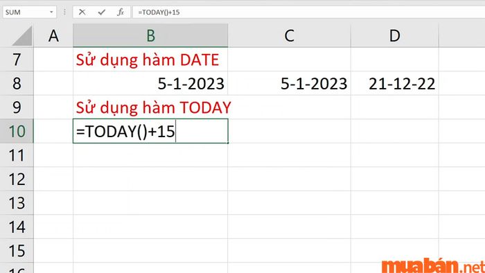 Hàm TODAY cho phép bạn thực hiện cộng trừ ngày từ ngày hiện tại.