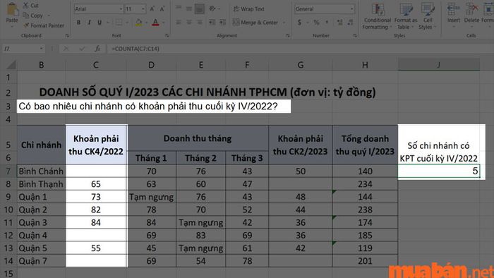 Hàm COUNTA sẽ không tính các ô trống và đếm tất cả các ô có chứa dữ liệu khác.