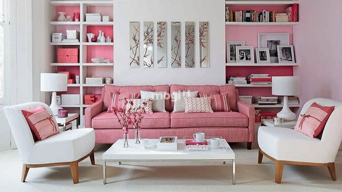 Mẫu phòng khách với tông màu hồng dành cho người mệnh Hoả