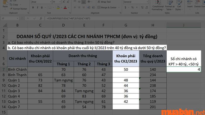 Kết quả là 4 cho thấy có 4 chi nhánh đáp ứng 2 điều kiện: Khoản phải thu quý II/2023 lớn hơn 40 tỷ đồng và nhỏ hơn 50 tỷ đồng