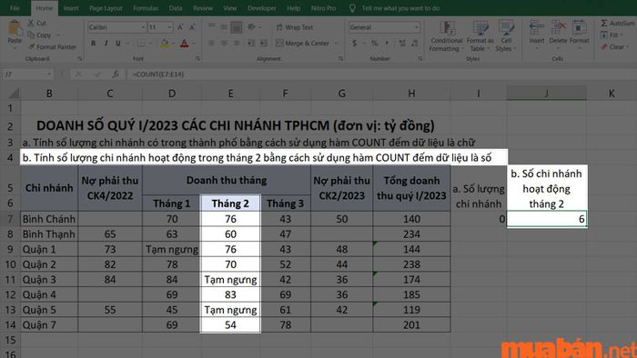 Hàm COUNT chỉ đếm các ô chứa số, trong khi ô chứa chữ “Tạm ngưng” là dạng văn bản nên sẽ không được tính.