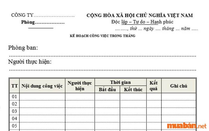 Mẫu kế hoạch làm việc hàng tháng