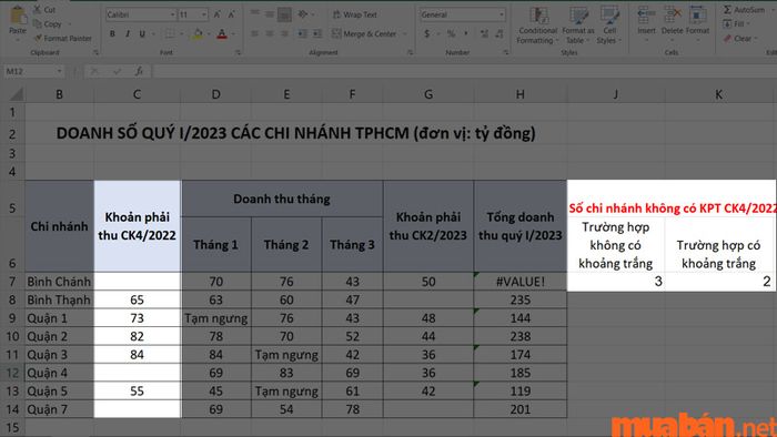 Ô chứa văn bản trống sẽ bị loại trừ bởi hàm COUNTBLANK, dẫn đến ảnh hưởng đến kết quả cuối cùng.